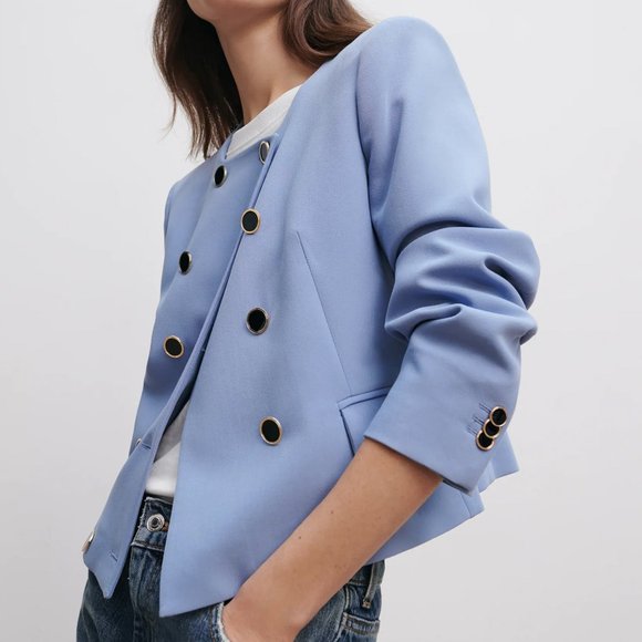NEW Zara Cropped Double Breasted Blazer Mid Blue S - Picture 5 of 11